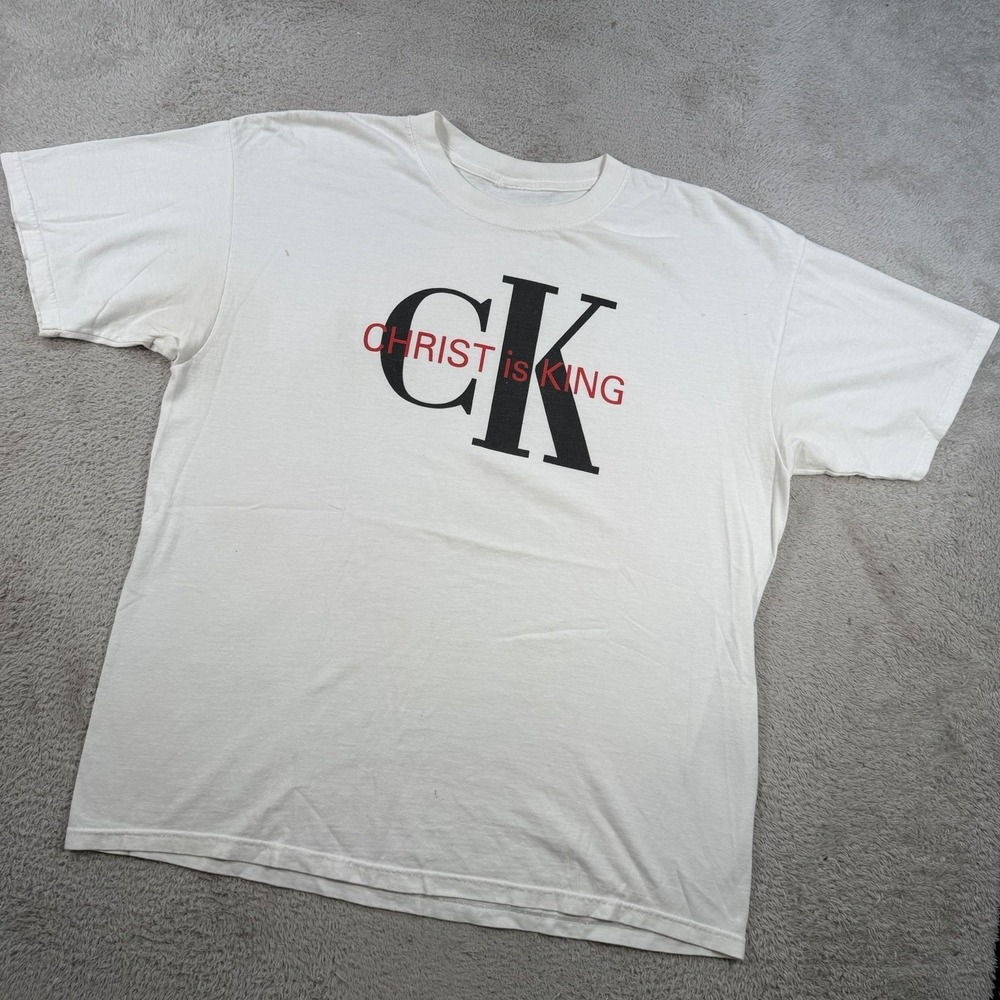 VTG Christ Is King T Shirt Mens XL White Calvin Klein Parody Jesus Christian Tee